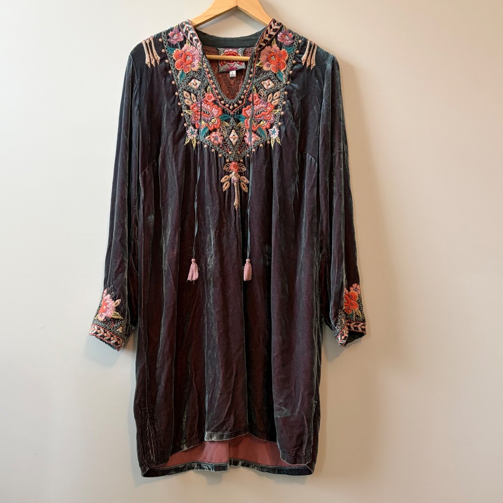 Johnny Was Velvet Embroidered Tunic Dress Silk Blend Grey Teal J36919-6 Small